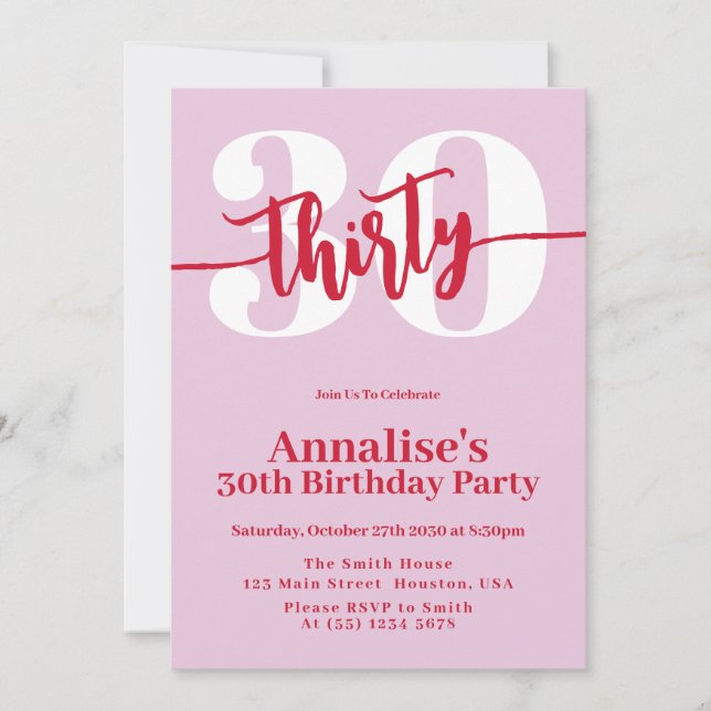 Invitation Fête d'anniversaire moderne rose rouge 30 ans (Devant)
