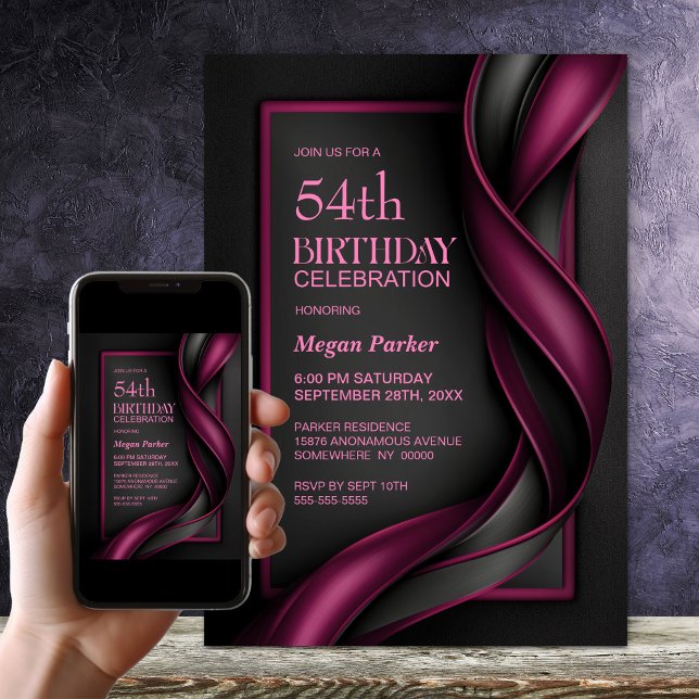 Invitation Fête d'anniversaire moderne rouge mûre et noir (Créateur téléchargé)