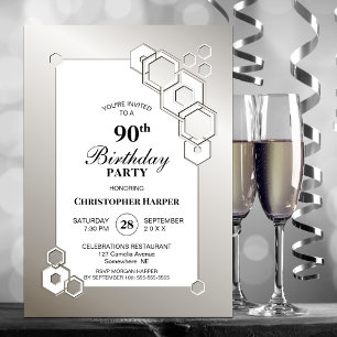 Invitation Fête d'anniversaire moderne Silver Geometry 90th