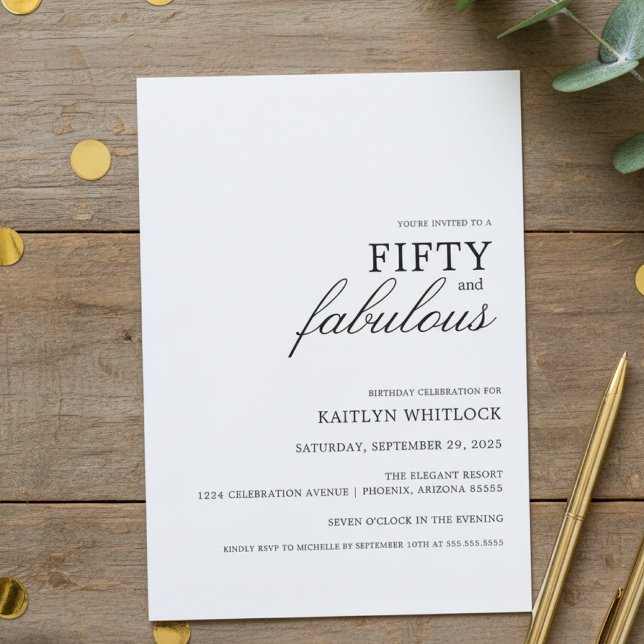 Invitation Fête d'anniversaire Moderne Simple Noir 50 ans et  (modern elegant typography fifty and fabulous 50th birthday party invitation simple)