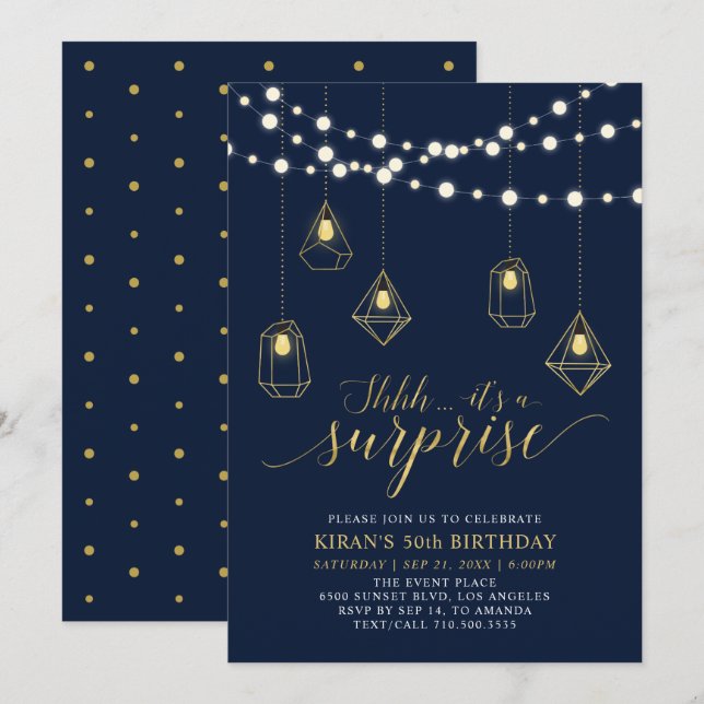 Invitation Fête d'anniversaire moderne surprise or et bleu ma (Devant / Derrière)