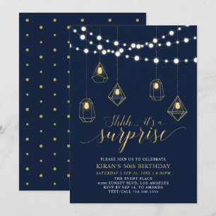 Invitation Fête d'anniversaire moderne surprise or et bleu ma
