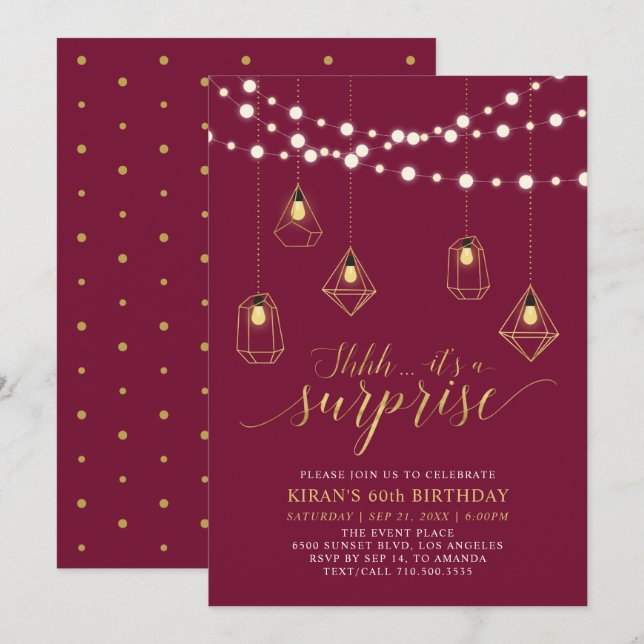 Invitation Fête d'anniversaire moderne surprise or et rouge 6 (Devant / Derrière)