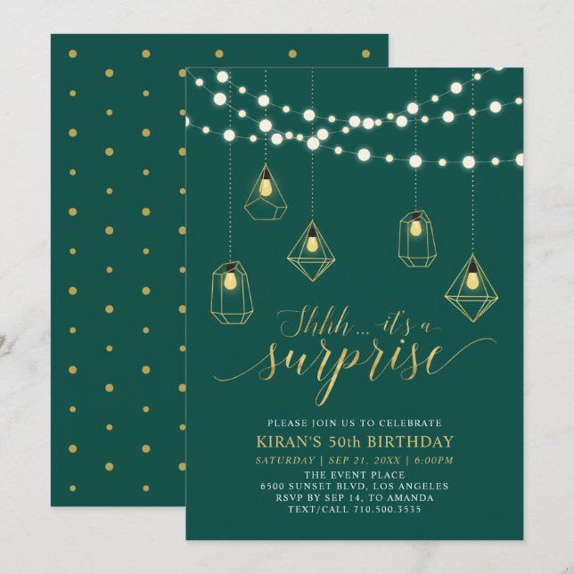 Invitation Fête d'anniversaire moderne surprise Or & Vert 50  (Devant / Derrière)