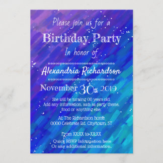 Invitation Fête d'anniversaire moderne violet bleu rayonnant