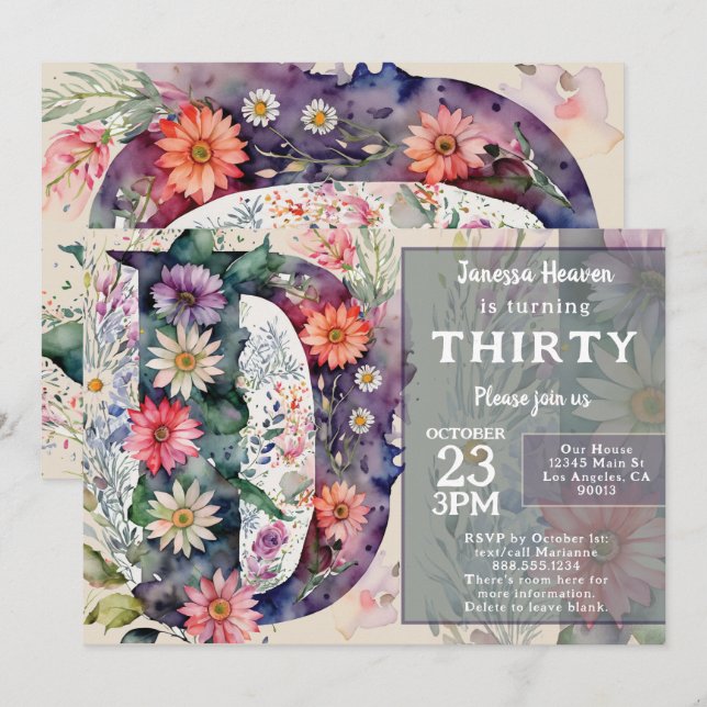 Invitation Fête d'anniversaire Monogramme D Fleurs Aquarelles (Devant / Derrière)