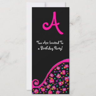 Invitation FÊTE D'ANNIVERSAIRE MONOGRAMME DECO, fuchsia noir 