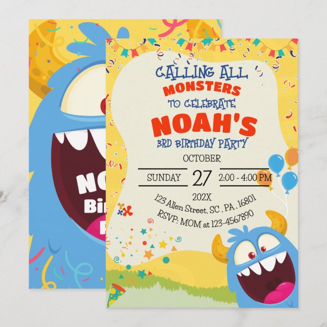 Invitation Fête d'anniversaire Monster pour tous les âges (Devant / Derrière)