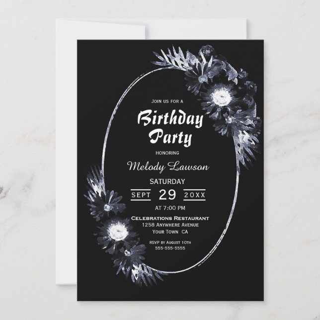 Invitation Fête d'anniversaire Moody Black Floral Party (Devant)