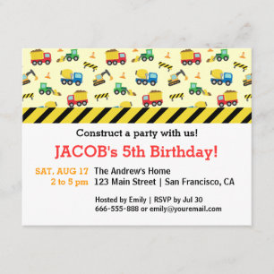 Invitation Fête d'anniversaire Motif des véhicules de constru