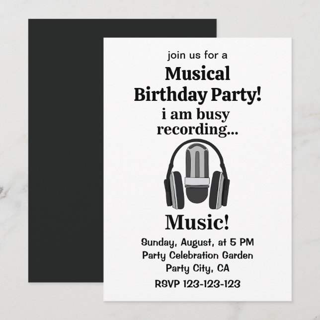 Invitation Fête d'anniversaire musicale avec micro-casque (Devant / Derrière)