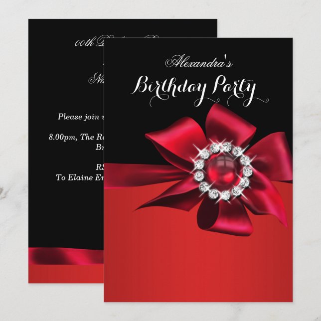 Invitation Fête d'anniversaire Nacre rouge Diamant Arc (Devant / Derrière)
