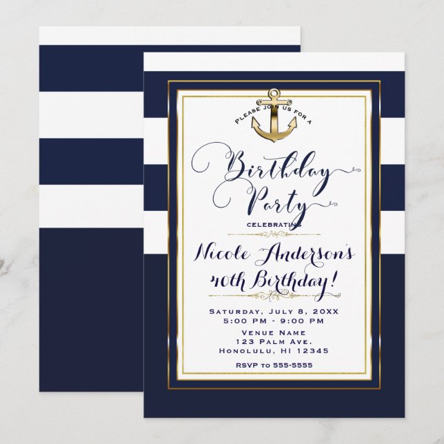Invitation Fête d'anniversaire nautique avec ancre blanche et (Devant / Derrière)