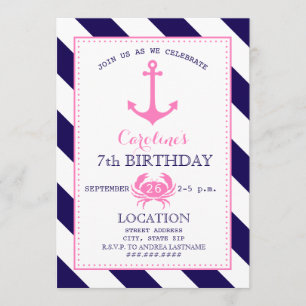 Invitation Fête d'anniversaire nautique de la fille - Ancre +
