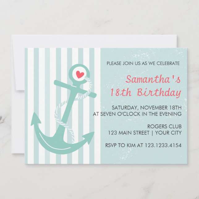 Invitation Fête d'anniversaire nautique Girly d'Ancre (Devant)