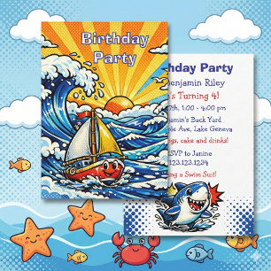 Invitation Fête d'anniversaire nautique personnalisée pour ga