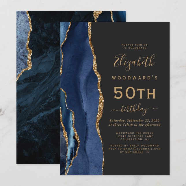 Invitation Fête d'anniversaire Navy Blue Gold Agate Dark 50 a (Devant / Derrière)