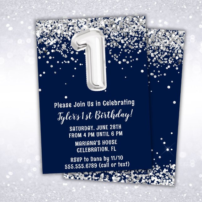Invitation Fête d'anniversaire Navy Blue Silver 1 an (Créateur téléchargé)