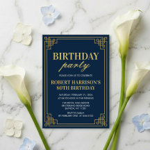 Invitation Fête d'anniversaire Navy Or Art Déco 80