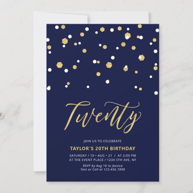 Invitation Fête d'anniversaire Navy & Or Simple Twenty 20 ans (Devant)