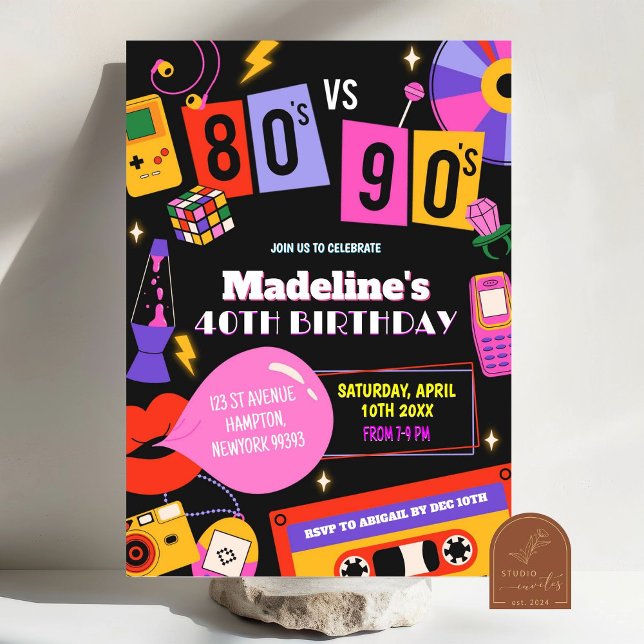 Invitation Fête d'anniversaire Neon 80s vs 90s Rétro Disco Mi (Créateur téléchargé)