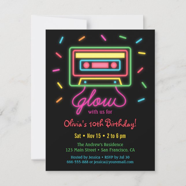 Invitation Fête d'anniversaire néon avec cassette rétro fauss (Devant)