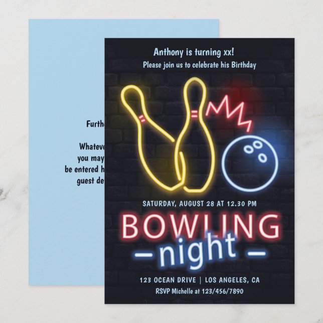 Invitation Fête d'anniversaire Neon Bowling Night (Devant / Derrière)