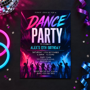 Invitation Fête d'anniversaire néon de danse pour adolescents