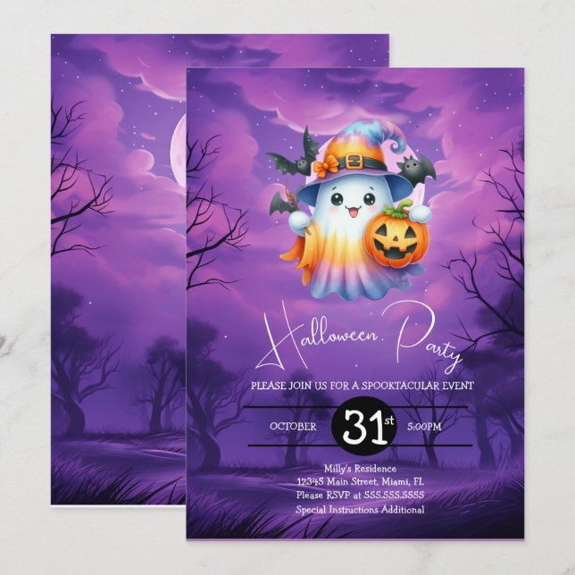 Invitation Fête d'anniversaire néon fantôme Halloween  (Devant / Derrière)