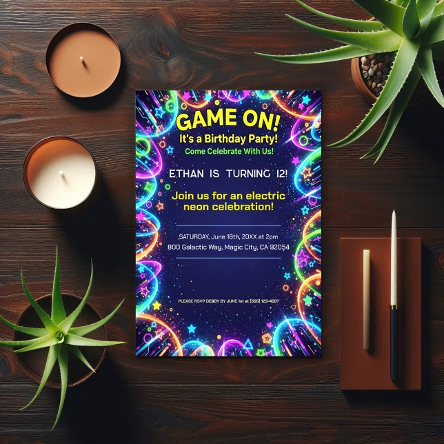 Invitation Fête d'anniversaire Neon Glow  (Créateur téléchargé)