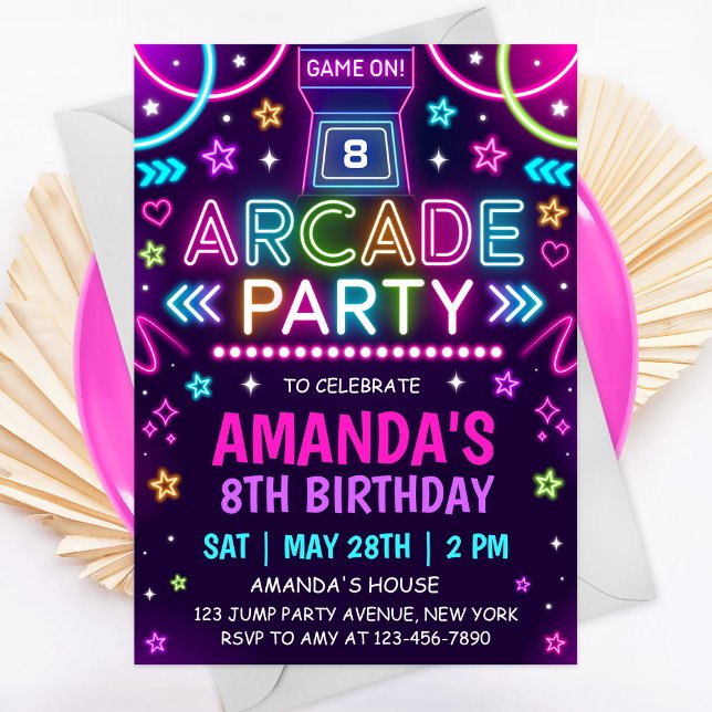 Invitation Fête d'anniversaire Neon Glow Arcade (Créateur téléchargé)