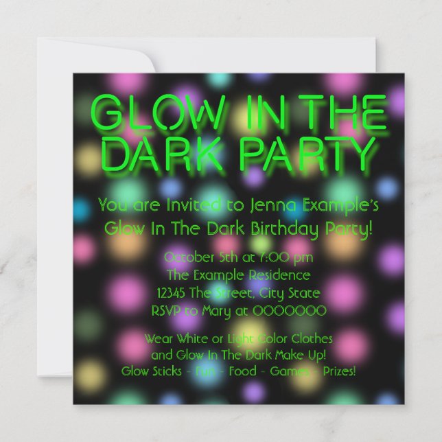 Invitation Fête d'anniversaire Neon Glow dans le noir (Devant)