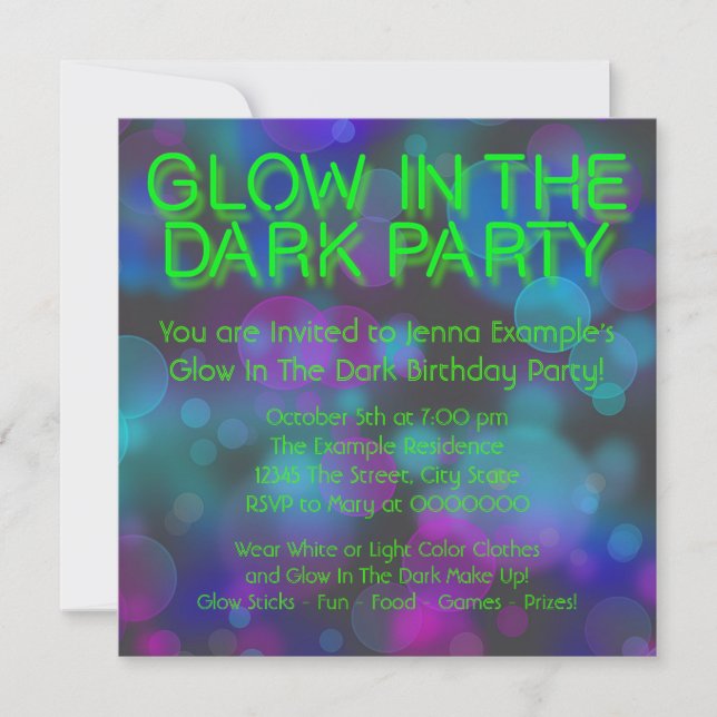 Invitation Fête d'anniversaire Neon Glow dans le noir (Devant)