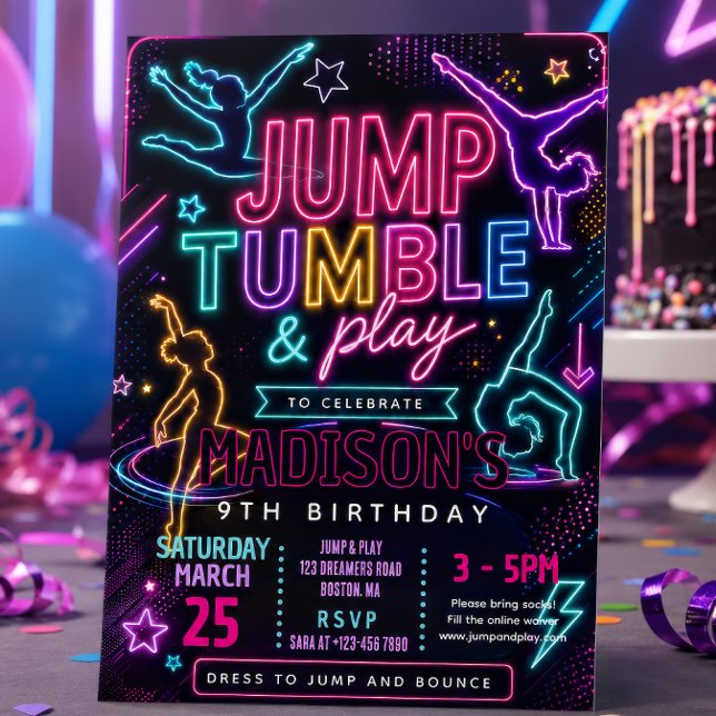 Invitation Fête d'anniversaire Neon Jump & Tumble (Créateur téléchargé)