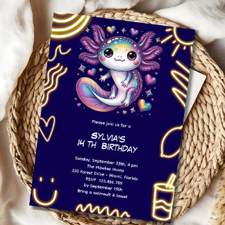 Invitation Fête d'anniversaire néon laser Axolotl