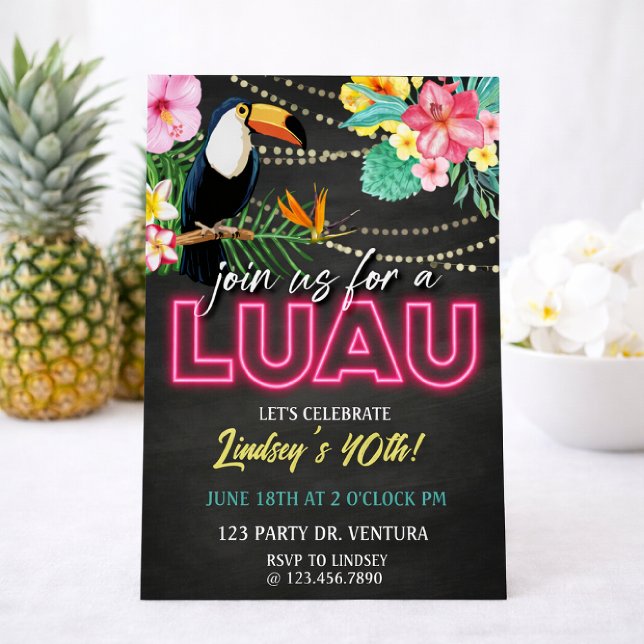 Invitation Fête d'anniversaire Néon Luau | Fête tropicale haw (Créateur téléchargé)