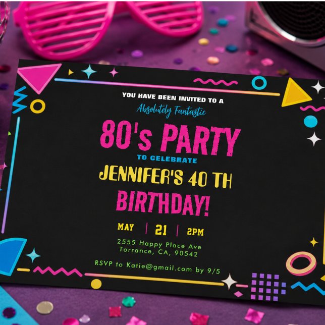 Invitation Fête d'anniversaire néon rétro moderne des années  (Modern Retro Neon 80's Birthday Party Invitation)