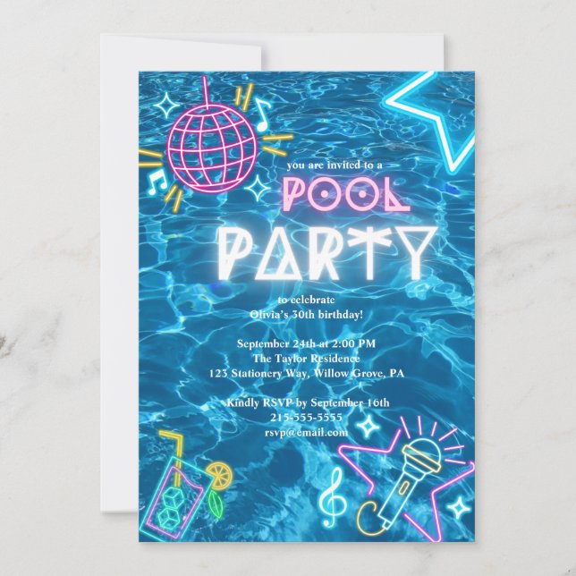 Invitation fête d'anniversaire neon summer Pool Party (Devant)