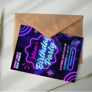 Invitation Fête d'anniversaire néon tropical rose et bleu 