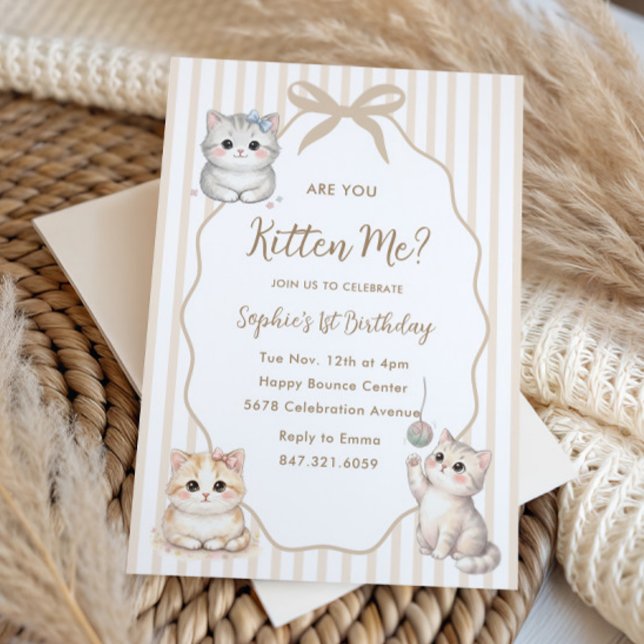 Invitation Fête d'anniversaire neutre aquarelle Kitty Cat (Créateur téléchargé)