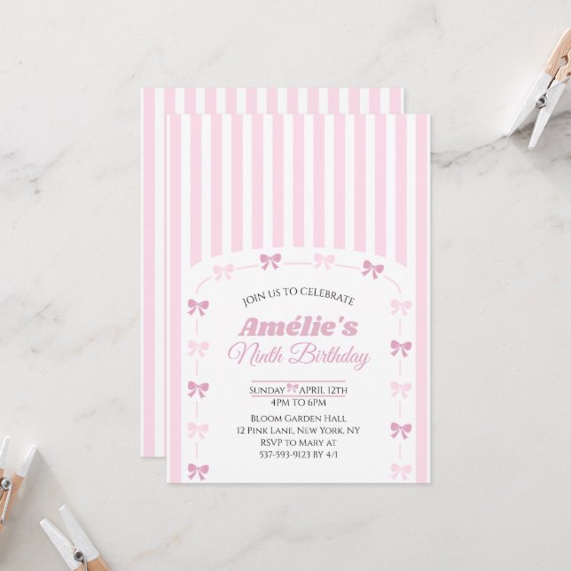 Invitation Fête d'anniversaire neuvième Coquette Rose  (Devant/Arrière en situation)