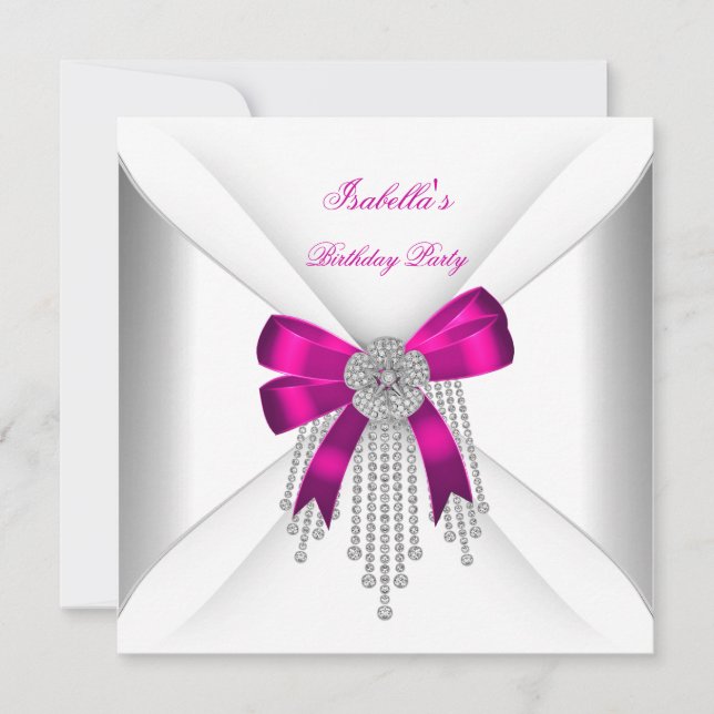 Invitation Fête d'anniversaire Nœud Rose Chaud Argent Diamant (Devant)
