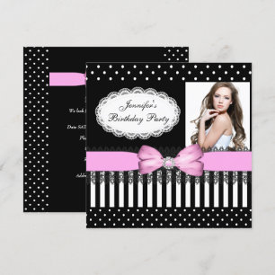 Invitation Fête d'anniversaire Nœud rose Points noirs et blan