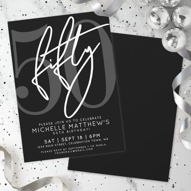 Invitation Fête d'anniversaire noir 50 ans (Black 50th Birthday Party Invitation)
