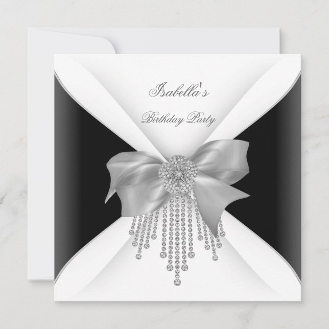 Invitation Fête d'anniversaire Noir Argent Blanc Diamant Arc (Devant)