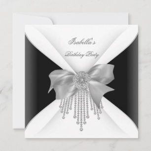 Invitation Fête d'anniversaire Noir Argent Blanc Diamant Bow