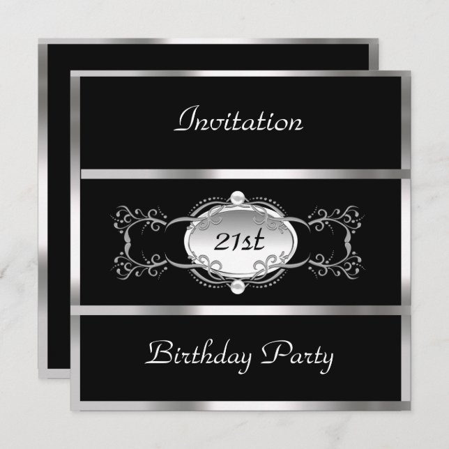 Invitation Fête d'anniversaire noir argent personnalisé (Devant / Derrière)