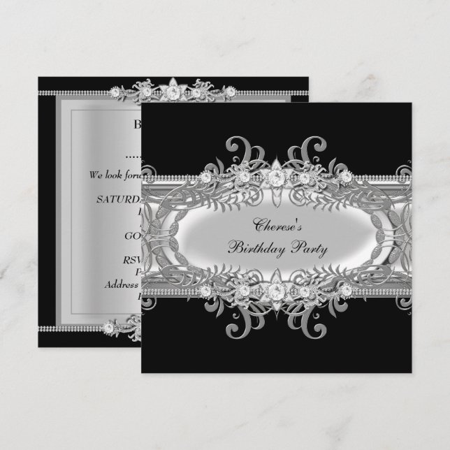 Invitation Fête d'anniversaire Noir Blanc Argent Image de bij (Devant / Derrière)