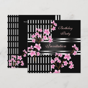 Invitation Fête d'anniversaire Noir Blanc Asiatique Fleur Ros