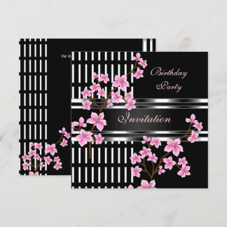 Invitation Fête d'anniversaire Noir Blanc Asiatique Fleur Ros